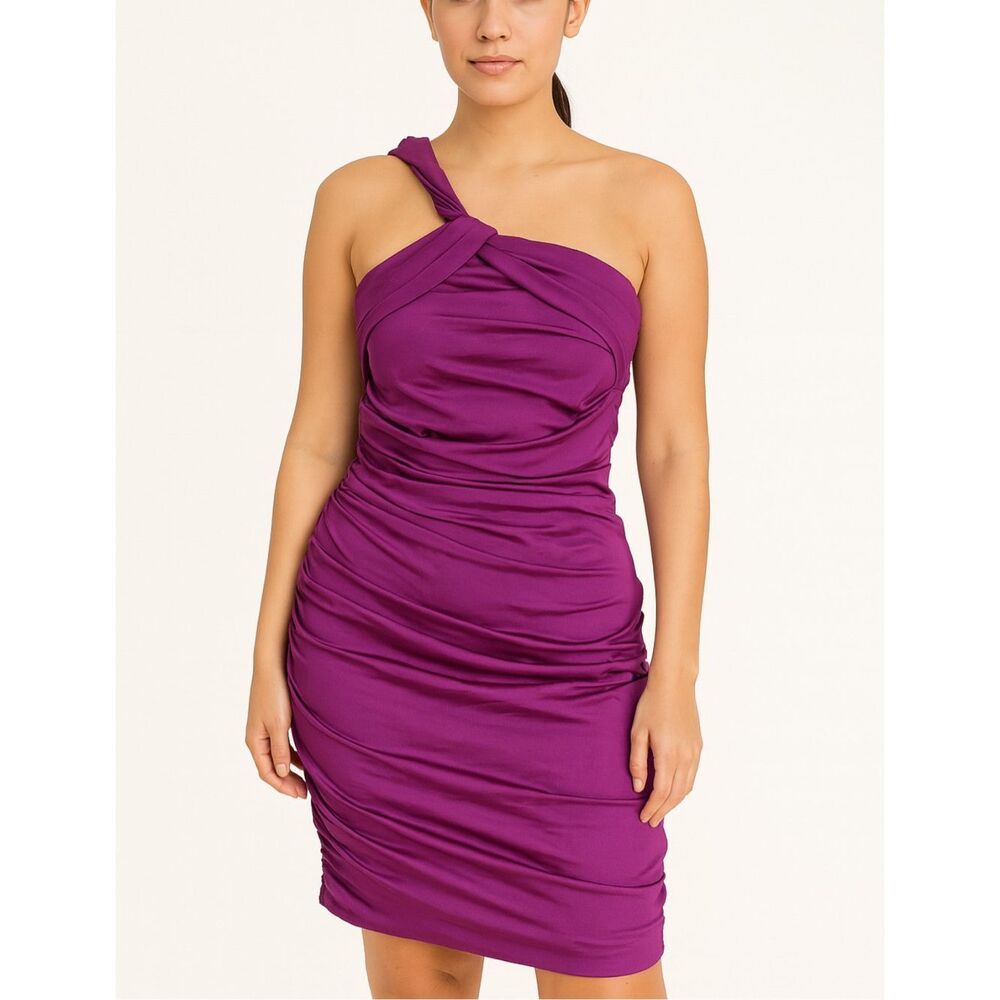 Theia Iridescent Purple One Shoulder Ruched Cocktail Dress – Size 8